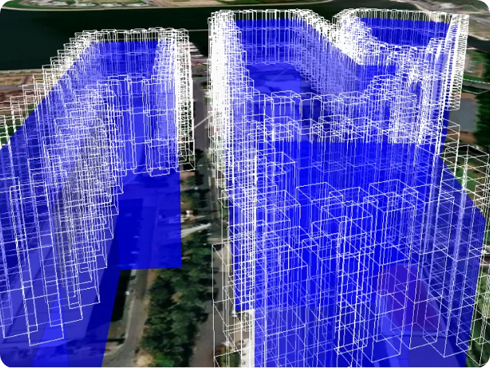 Satellite map of a waterfront overlaid with blue 3D risk volumes and white voxel boxes