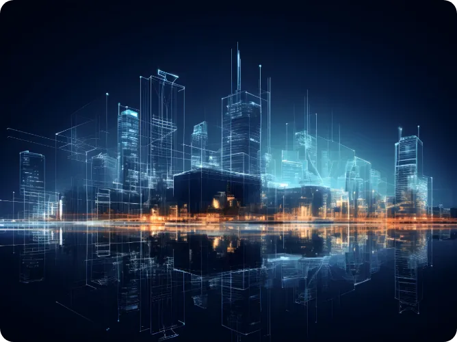 Futuristic night city skyline drawn in glowing blue wireframe lines, reflected in water